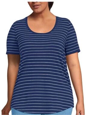 Lands' End Women’s Plus Size 1X Navy and White Striped Scoop Neck Tee